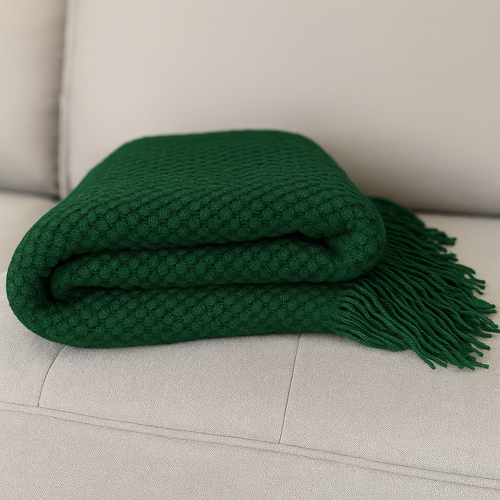 Olive Textured Knit Throw Blanket with Fringe – 50"x60"