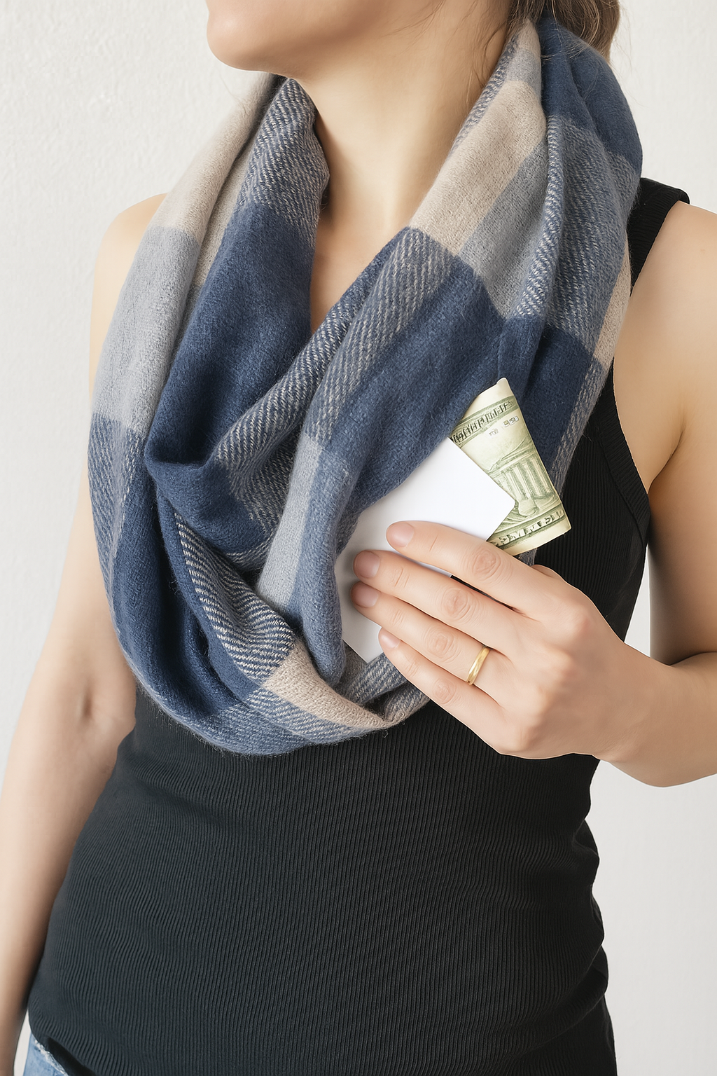 Indigo Plaid Infinity Scarf with Zipper Pocket