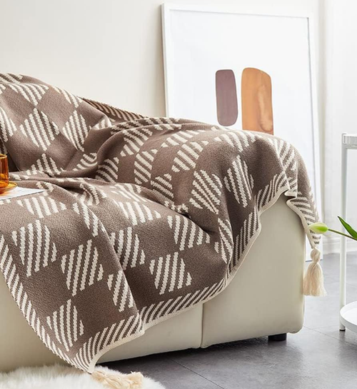 Khaki-Ivory Check Striped 50"x60" Throw Blanket