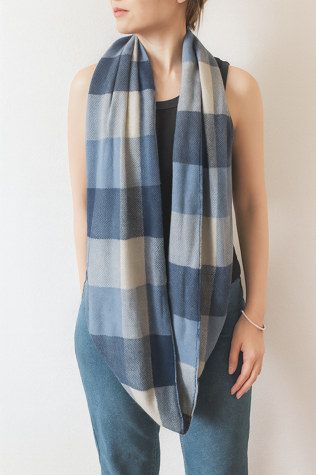 Indigo Plaid Infinity Scarf with Zipper Pocket