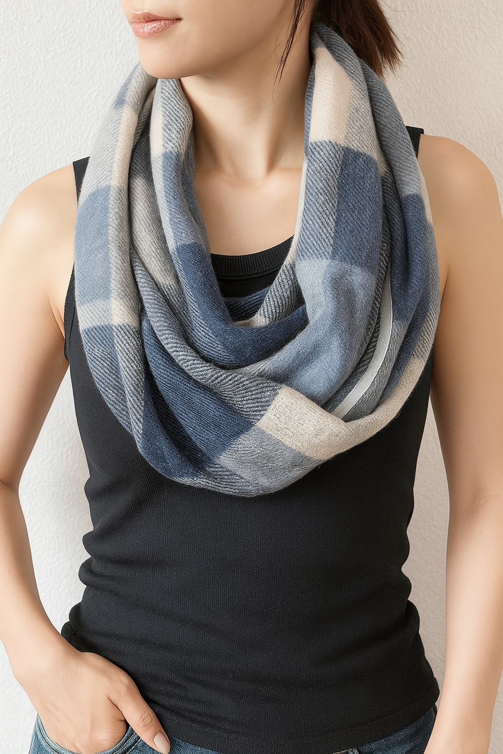 Indigo Plaid Infinity Scarf with Zipper Pocket
