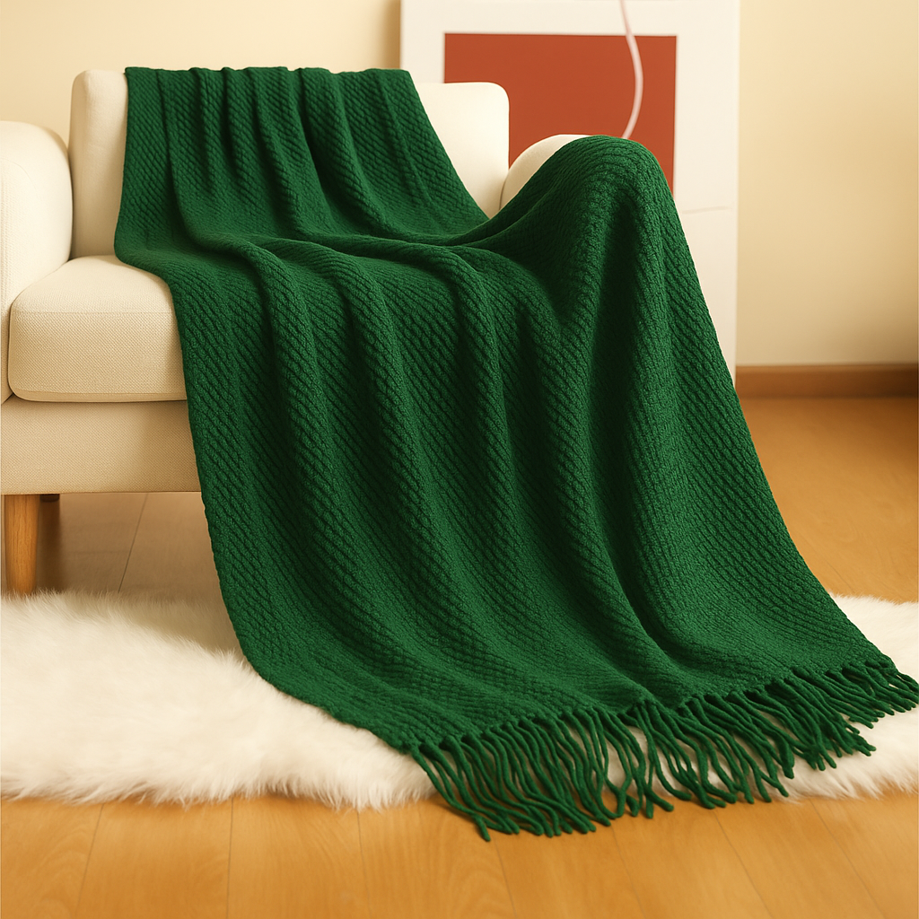 Olive Textured Knit Throw Blanket with Fringe – 50"x60"