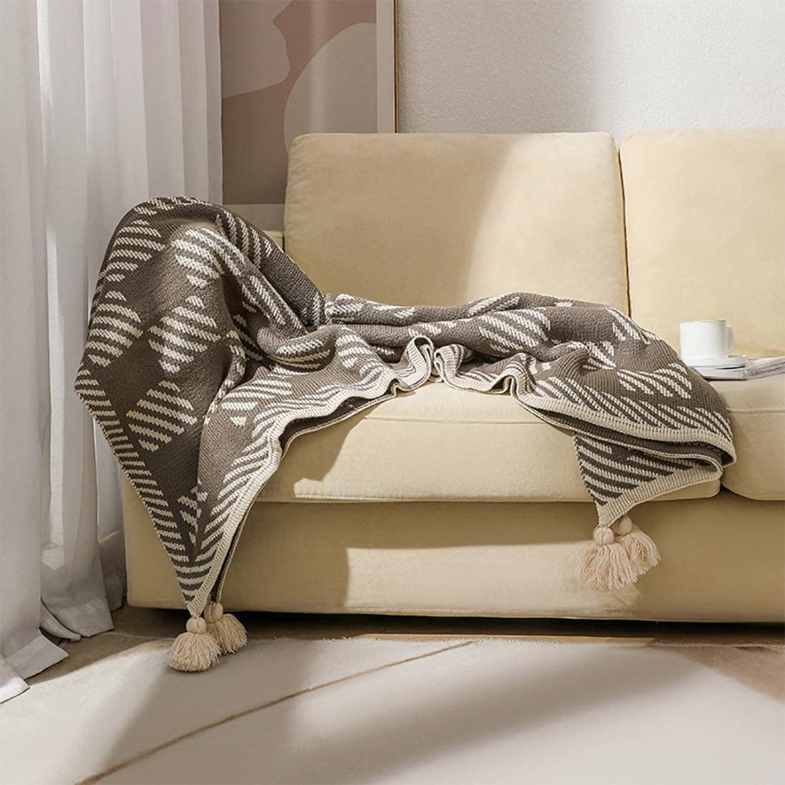 Khaki-Ivory Check Striped 50"x60" Throw Blanket