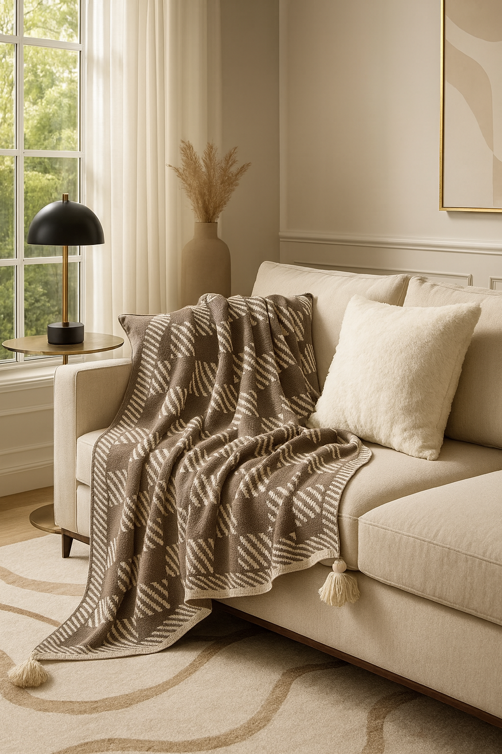 Khaki-Ivory Check Striped 50"x60" Throw Blanket